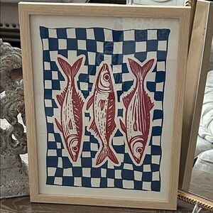 NEW! Mediterranean Blue & White Checkered Wood Framed Red Sardine Fish Print